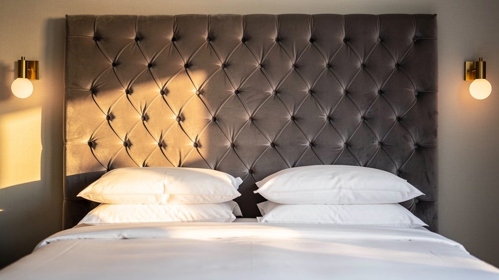 Custom deep-buttoned velvet headboard showcasing specialist upholstery techniques