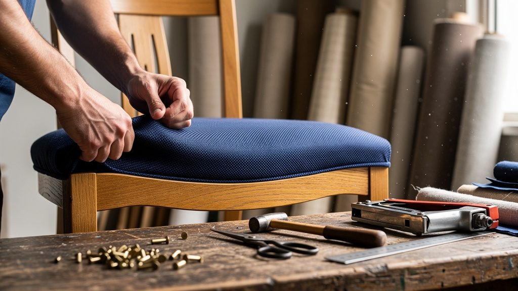 Master upholsterer working on commercial furniture restoration