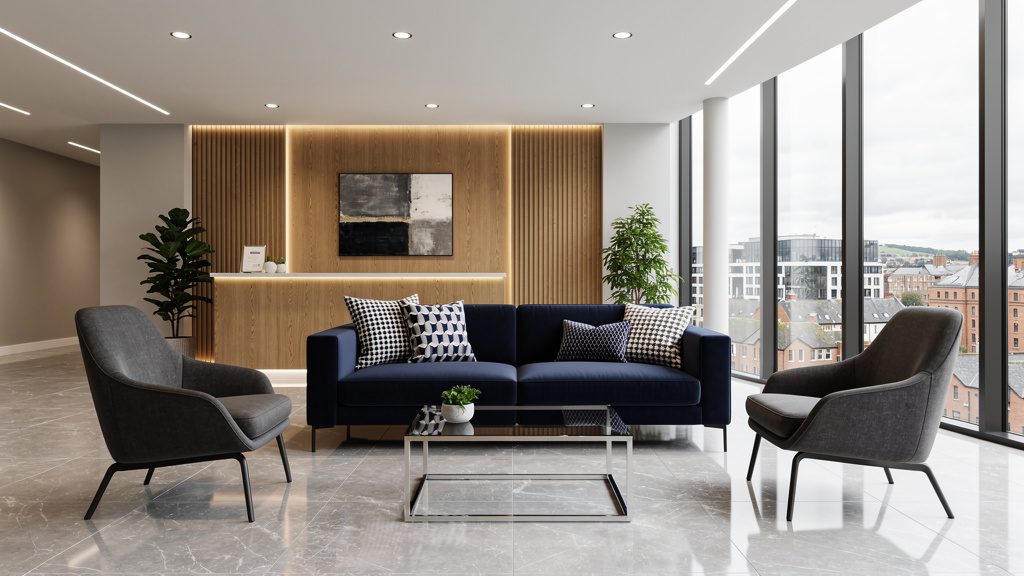 Corporate office reception with custom upholstered furniture