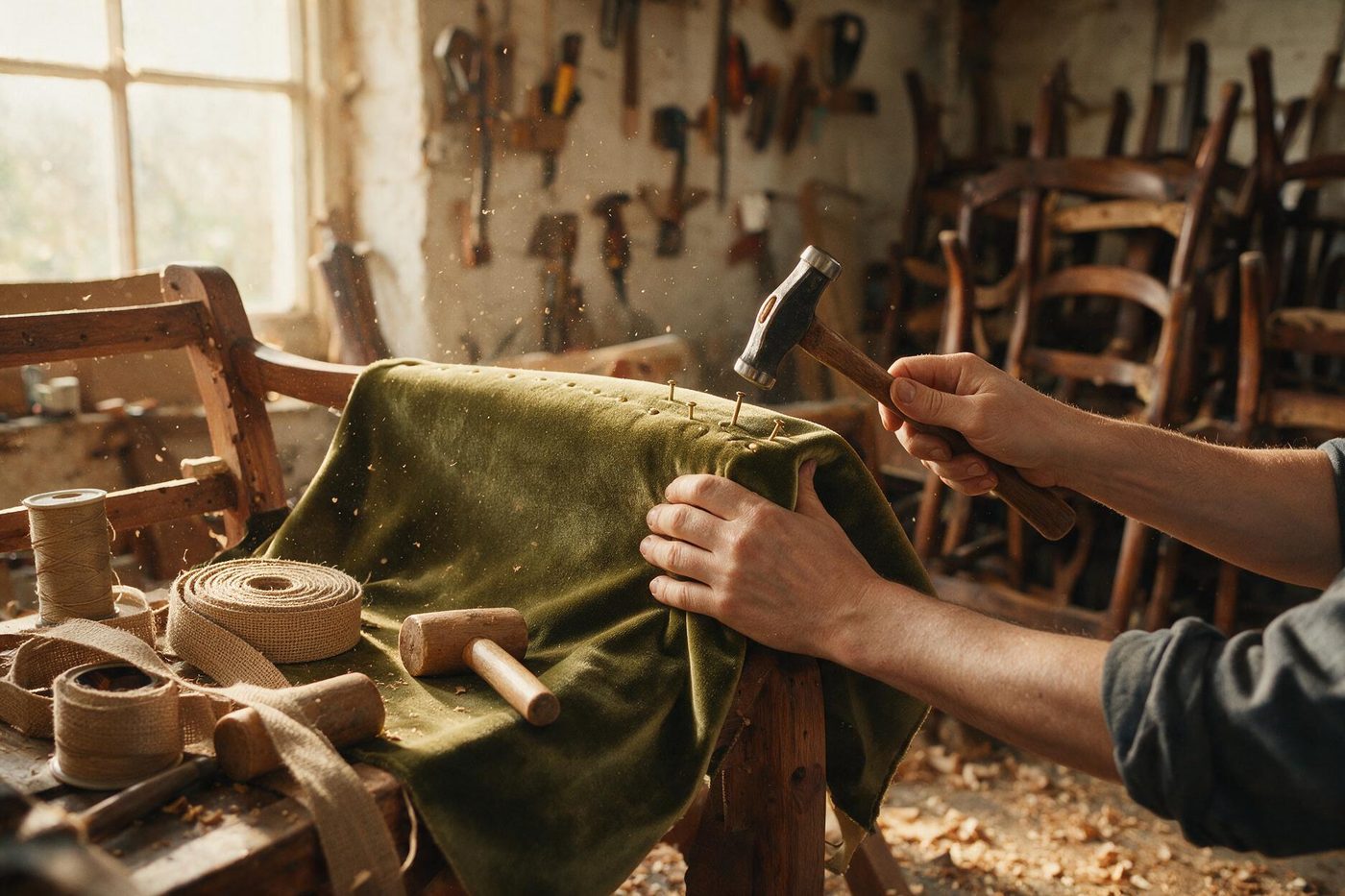 An upholsterer tapping tacks into olive velvet on a chair frame
